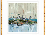 Impressionistic painting of a group of mallard ducks perched on a wooden dock above reflective blue-gray water, with a muted beige background and rough brushstrokes.