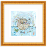 Whimsical painting of Noah's Ark with animals like giraffes, elephants, and birds, set against a pastel rainbow and blue waves background, framed in warm wood.