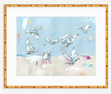 Abstract painting of seven white doves in flight against a pale blue and beige background with soft brushstrokes, framed in a bamboo-style frame.