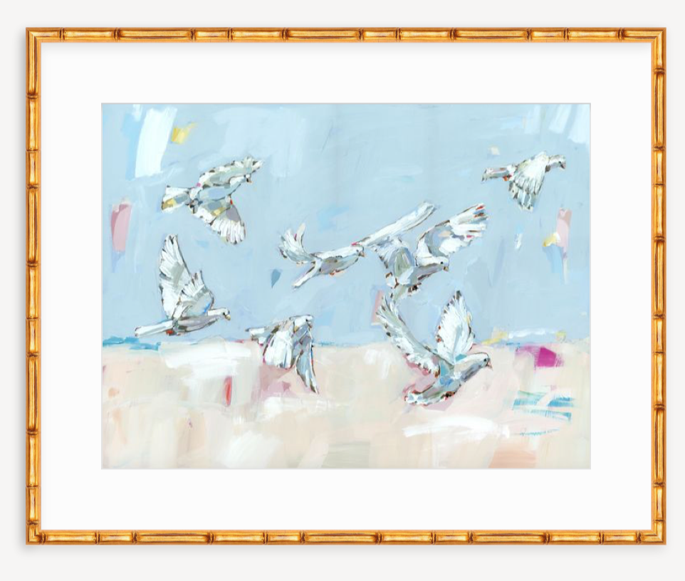Abstract painting of seven white doves in flight against a pale blue and beige background with soft brushstrokes, framed in a bamboo-style frame.