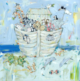 Whimsical painting of a wooden ark floating on water with pairs of colorful animals including giraffes, pandas, elephants, and sea creatures under a light blue sky.