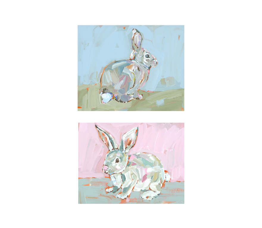 Bunny Hunnies Fine Art Print featuring stylized pink and blue rabbits, framed in white