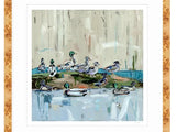 Painting of eleven ducks with green heads resting on a shoreline and swimming in calm blue water, with a textured beige and muted background.