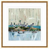 Impressionistic painting of mallard ducks on water and perched on a mossy rock, with muted gray, blue, and green tones and soft vertical brush strokes.