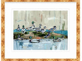 Impressionist-style painting of a group of ducks gathered on land and floating on water, with muted blues, greens, and browns in the natural setting.