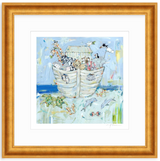 Whimsical painting of a light-colored ark crowded with various cartoon-style animals above water with fish and sea creatures below, framed in golden wood.