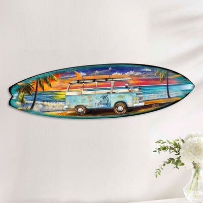 Beach Surf Van Surfboard Coastal Wooden Wall Art by G. DeBrekht