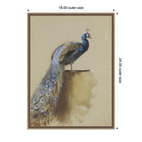 Illustration of a peacock standing on an elevated surface, showcasing its blue and brown plumage with an ornate feather pattern tail, set against a beige background.