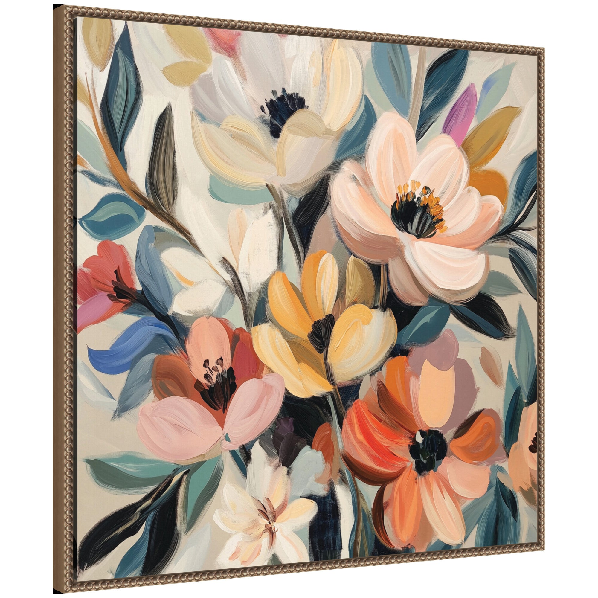Framed canvas art titled Sylvie Garden Bloom Abstract Bouquet II showing floral abstract forms with white and dark gold beaded frame options