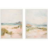 Two framed canvas paintings depicting soft, impressionistic coastal landscapes with sandy dunes, green vegetation, and distant mountains under pale blue skies.
