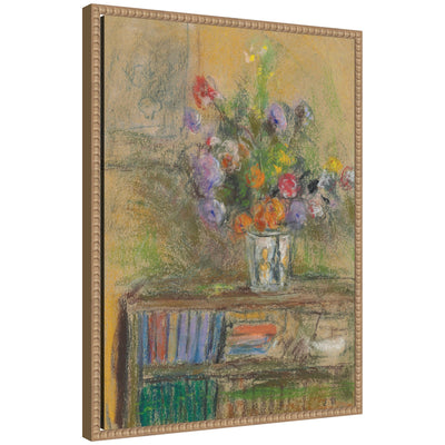 Framed canvas print of Nature morte au vase de fleurs circa 1932 by Edouard Vuillard, featuring floral still life in a rustic natural beaded frame