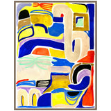 Abstract canvas painting with bold yellow, blue, red, black, and beige shapes interlocking in fluid, organic forms and geometric patterns