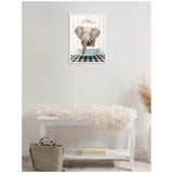 Elephant standing in a light blue bathtub on a black and white checkered floor, shown frontally against a white paneled wall with a gold chandelier above.