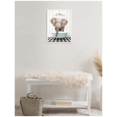 Sylvie Elephant Front in Blue Bathtub on Checker Floor Framed Canvas