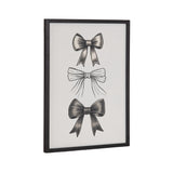 Framed print featuring three black and white bows stacked vertically, each with distinctive shading and ribbon tail styles on a white background.