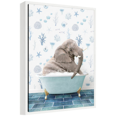 Framed floating canvas artwork featuring a young elephant sitting in a under the sea themed bathtub, vibrant colors and modern lightweight polystyrene frame