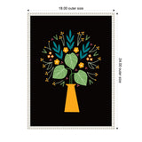 Framed canvas artwork of a stylized yellow vase holding an arrangement of green leaves and various small orange, pink, and blue floral elements on a black background.