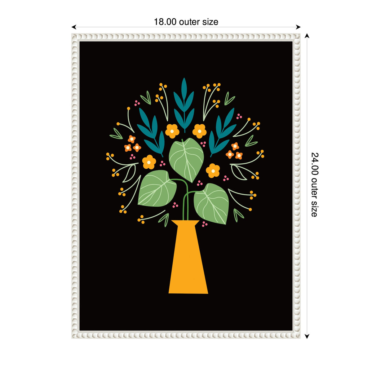 Framed canvas artwork of a stylized yellow vase holding an arrangement of green leaves and various small orange, pink, and blue floral elements on a black background.