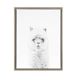 Close-up black and white sketch of an alpaca with dense curly fur, centered on a white background inside a simple wooden frame.
