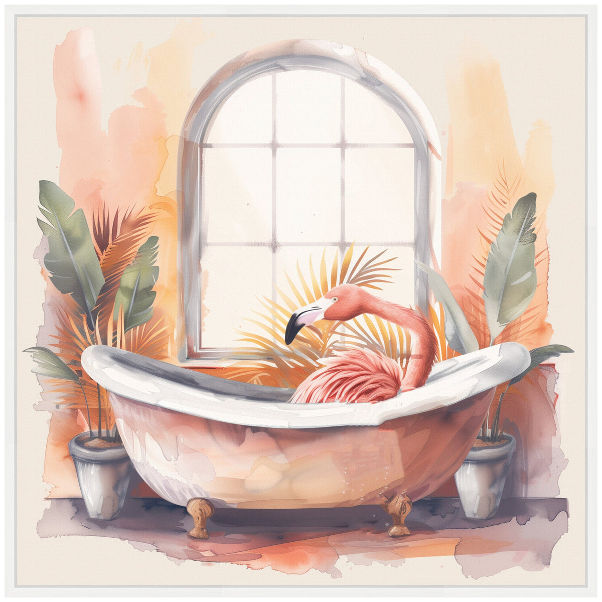 Pink flamingo resting in a vintage clawfoot bathtub with potted tropical plants on either side and a large arched window in the background, watercolor style.