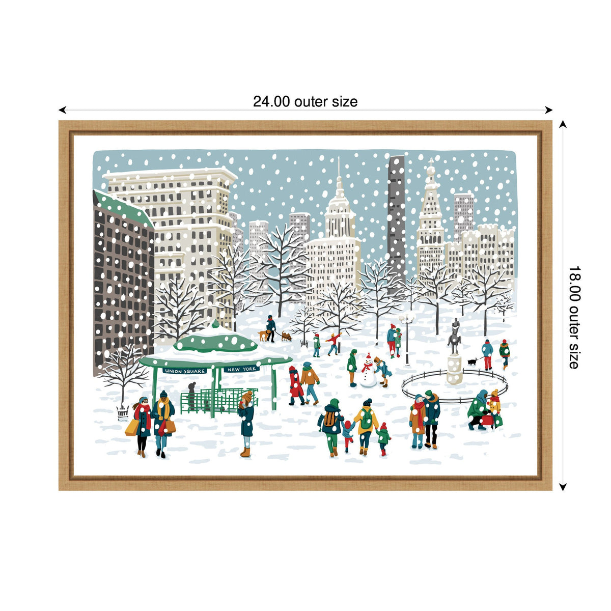 Illustration of Union Square in snow with people walking, bare trees, and city buildings under a snowfall, framed with 24 by 18 inch dimensions.