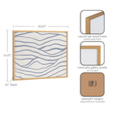 Framed art print with blue wavy lines on white background, natural oak wood frame with gold finish and minimalist gallery profile, shown with sawtooth hangers on back.
