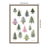 Twelve small watercolor holiday trees in shades of green, blue, and pink, some in pots, arranged evenly on a white background within a brown frame.