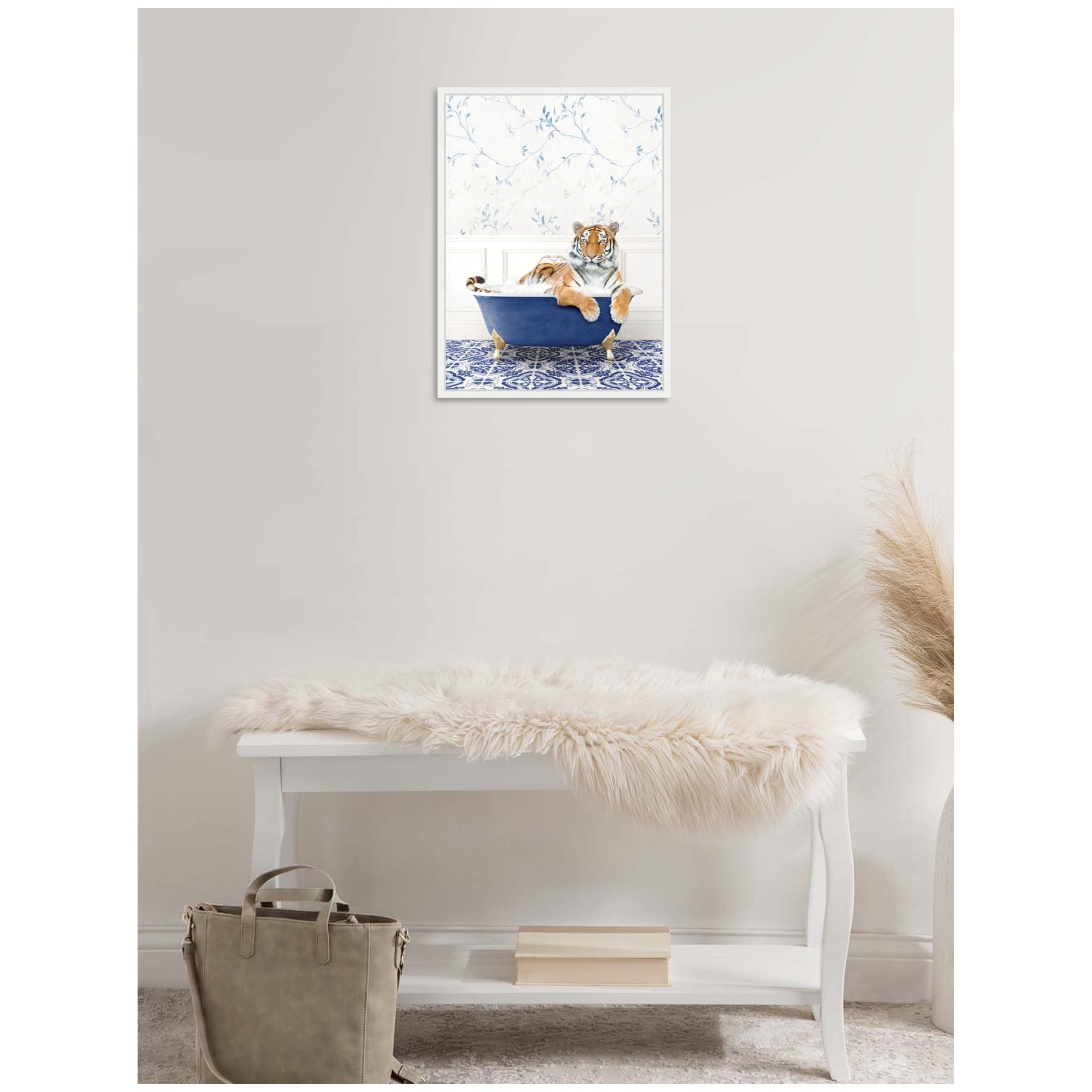 Sylvie Tiger in Eclectic Blue Bathtub Framed Canvas by Amy Peterson