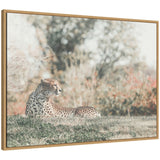 Framed canvas showing a spotted cheetah lying on grass with a blurred background of trees and bushes in muted tones.