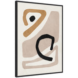 Abstract artwork with black, tan, and beige organic shapes on a white background, framed in a thin black frame and viewed at a slight angle.