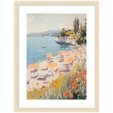 Beach scene with orange and white striped umbrellas over sun loungers, blue sea, rocky coastline, and foreground wildflowers in warm tones, framed in light wood.