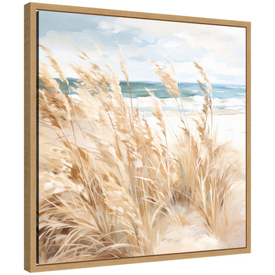 Framed canvas artwork featuring beige beach grass near a calm beach