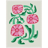 Three stylized pink and red flowers with abstract green stems and leaves on a light gray background in a frame with a rope-like border.