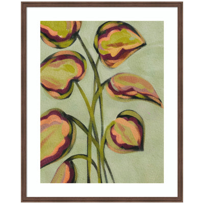 Framed Vibrant Foliage artwork showing abstract green, orange, and burgundy leaves on light green background