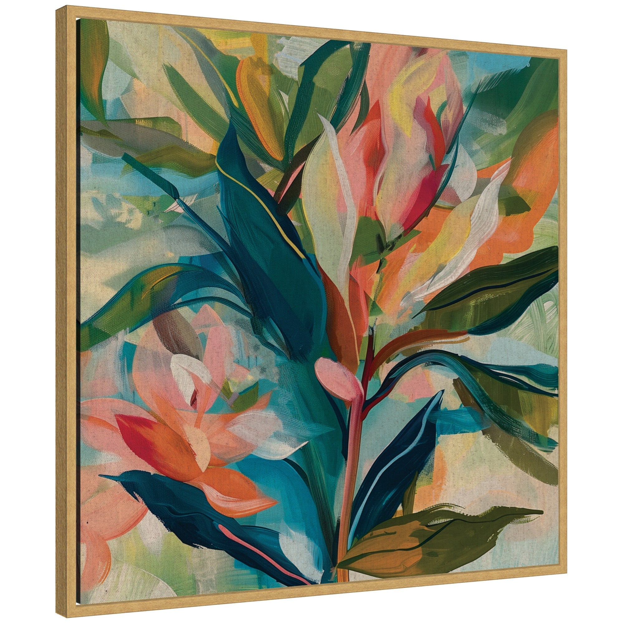 Sylvie Colorful Tropic Botanical Abstract Neutral Linen Framed Canvas showing a colorful abstract design with tropical botanical elements