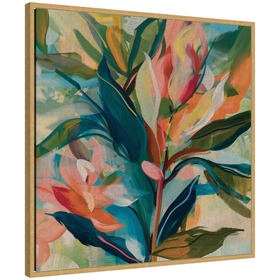 Sylvie Colorful Tropic Botanical Abstract Neutral Linen Framed Canvas showing a colorful abstract design with tropical botanical elements