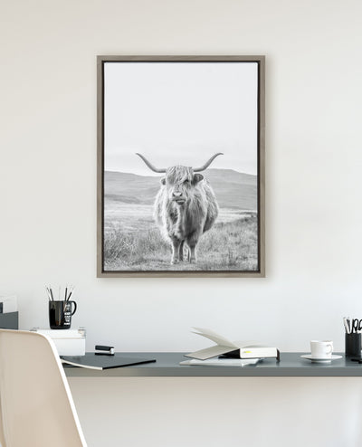 Sylvie Highland Cow Mountain Landscape Black and White Framed Canvas by