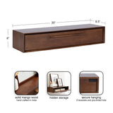 Rectangular solid mango wood floating console table in warm brown with a hidden drawer, measuring 30" by 8.5" by 6", designed for secure wall mounting with Z-brackets.