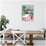 Framed canvas of an elephant blowing a pink bubblegum bubble in a vibrant botanical bathroom with pink geometric flooring and various lush green plants.