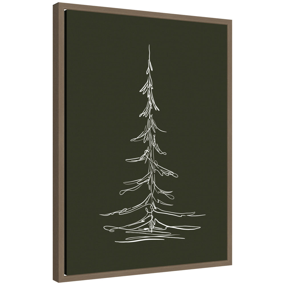 Framed canvas art with minimalist white line drawing of an evergreen tree on a dark green background
