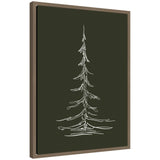 Framed canvas art with minimalist white line drawing of an evergreen tree on a dark green background