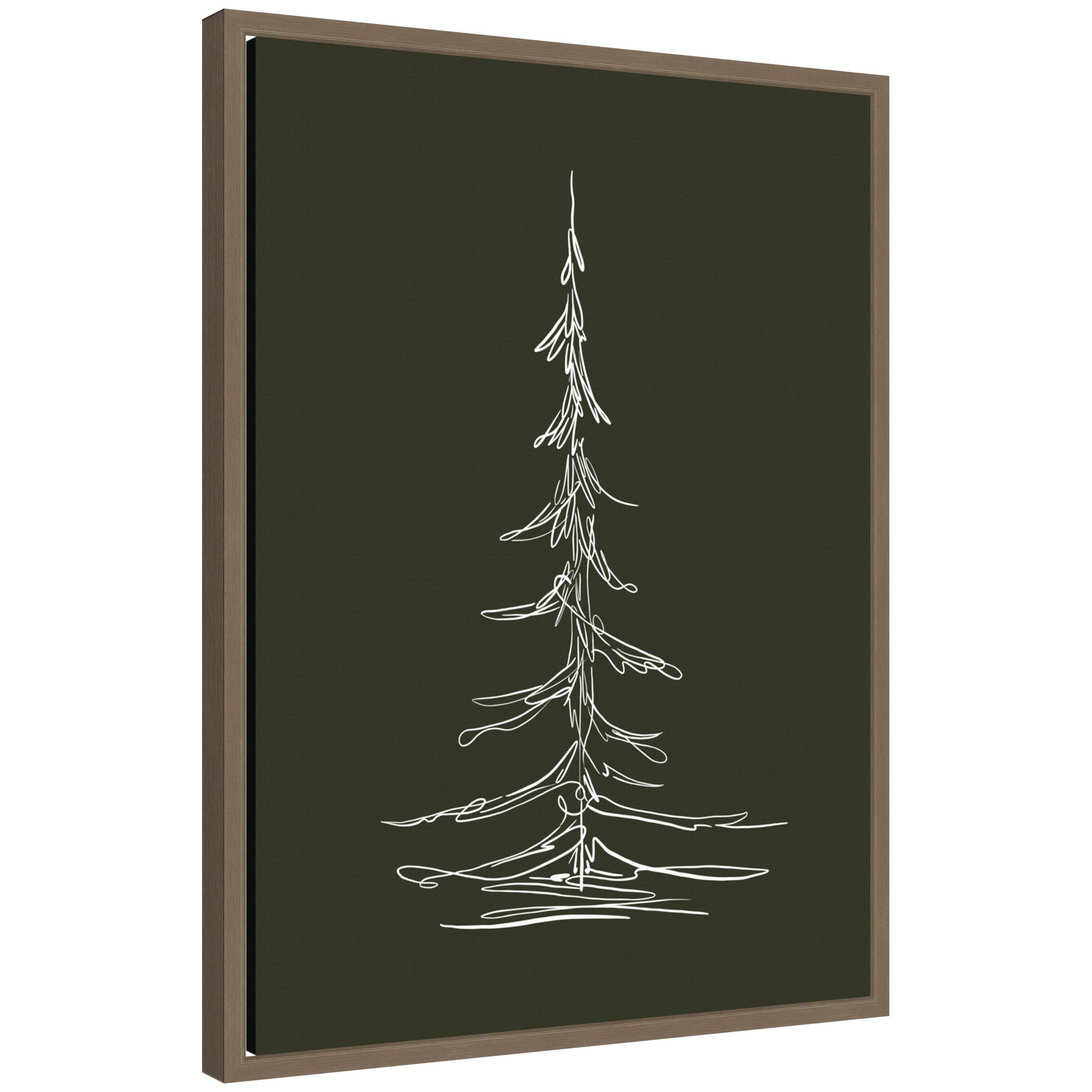 Framed canvas art with minimalist white line drawing of an evergreen tree on a dark green background