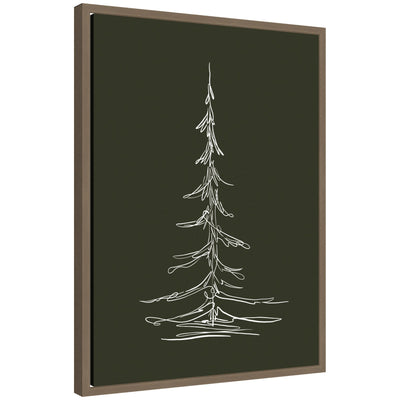 Framed canvas art with minimalist white line drawing of an evergreen tree on a dark green background