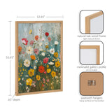 Floral painting with red, orange, yellow, white, and pink wildflowers on a blue-green background, framed in a light natural oak wood frame with sawtooth hangers.