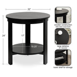 Round black wooden side table with a 22-inch diameter top, 24-inch height, and lower shelf 19.25 inches wide, featuring satin black finish and straight legs.