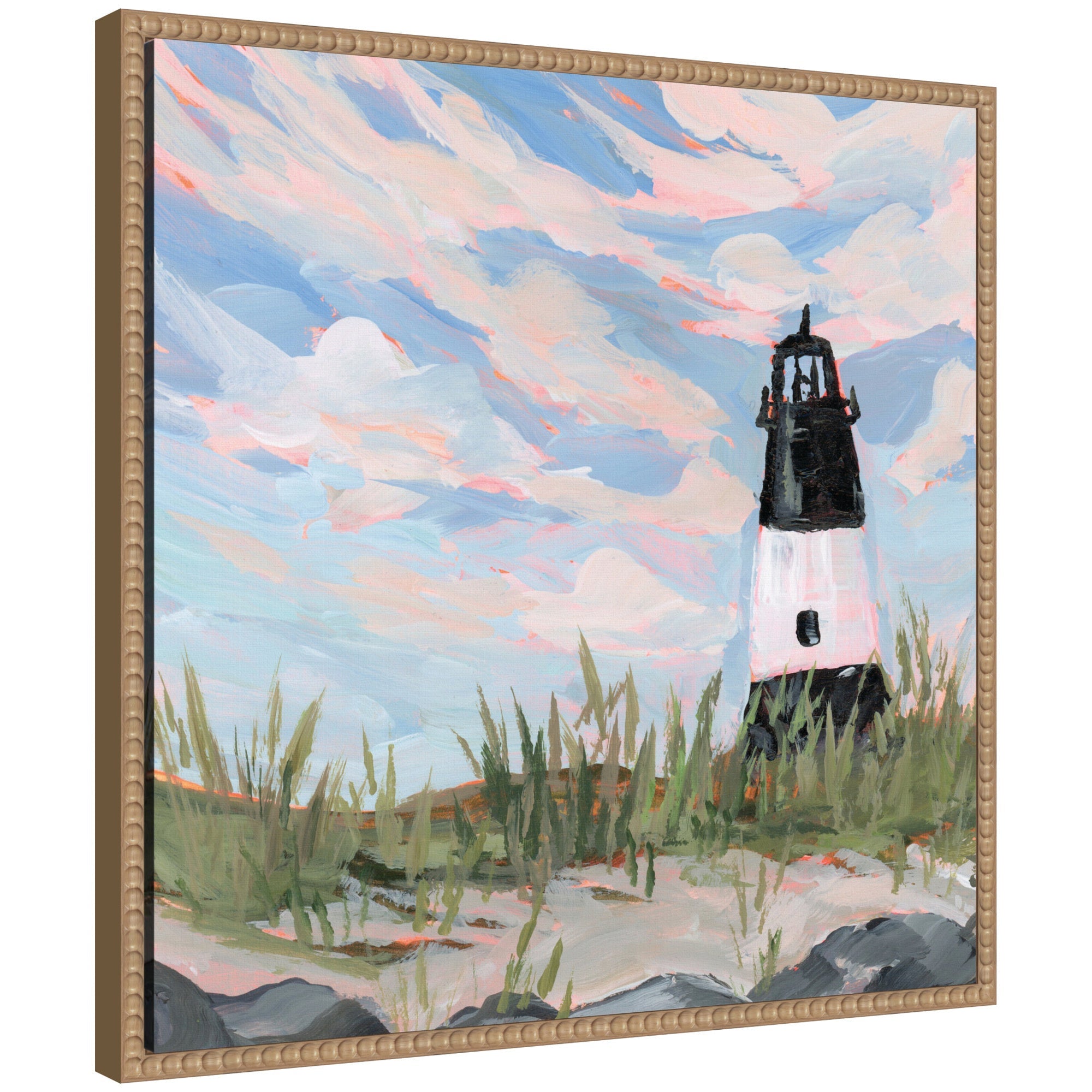 Sylvie Georgia framed canvas art by Emily Kenney showing a beach scene in soft blues and sandy tones with a vintage beaded floating frame.
