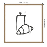 Minimalist black line drawing of a steaming coffee pot and croissant on white background, framed in simple wood, sized 22 by 22 inches.