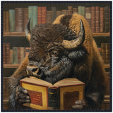 Detailed portrait of a large buffalo reading an open book, set against a backdrop of colorful, orderly books on wooden shelves in a library scene.