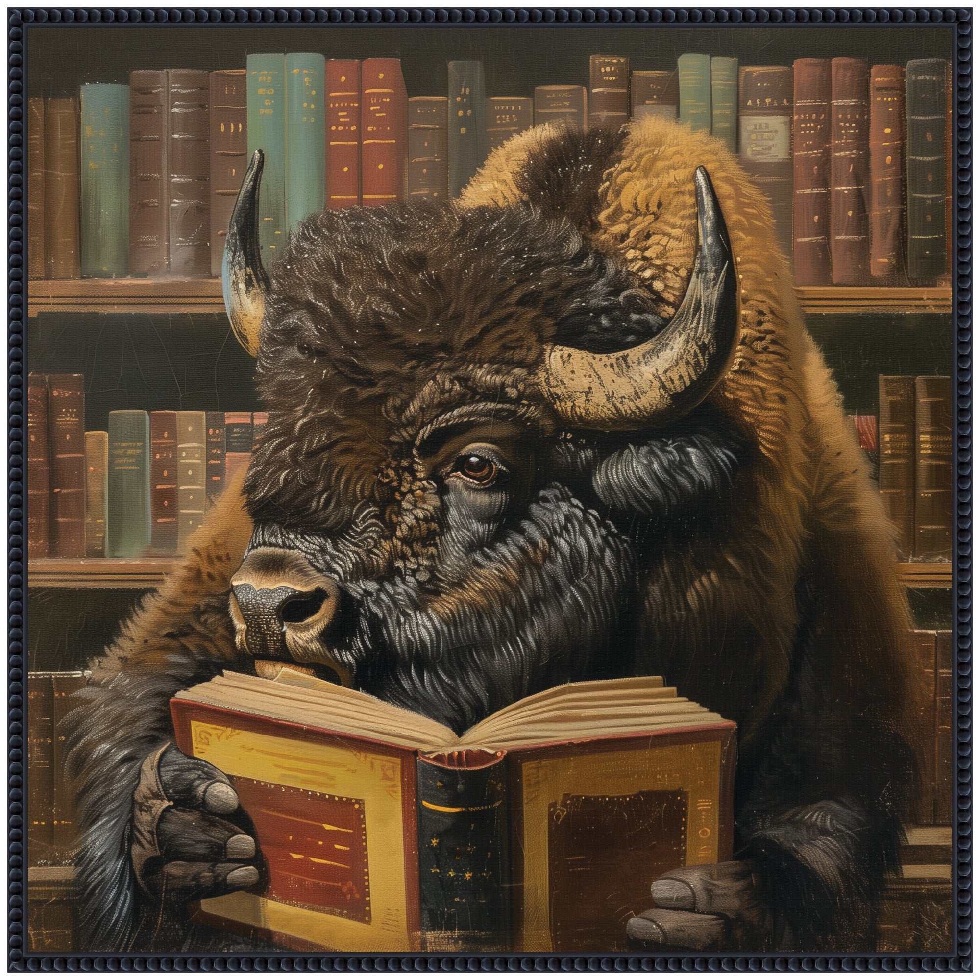 Sylvie Traditional Buffalo Reading in Library Framed Canvas by The Creative Bunch Studio