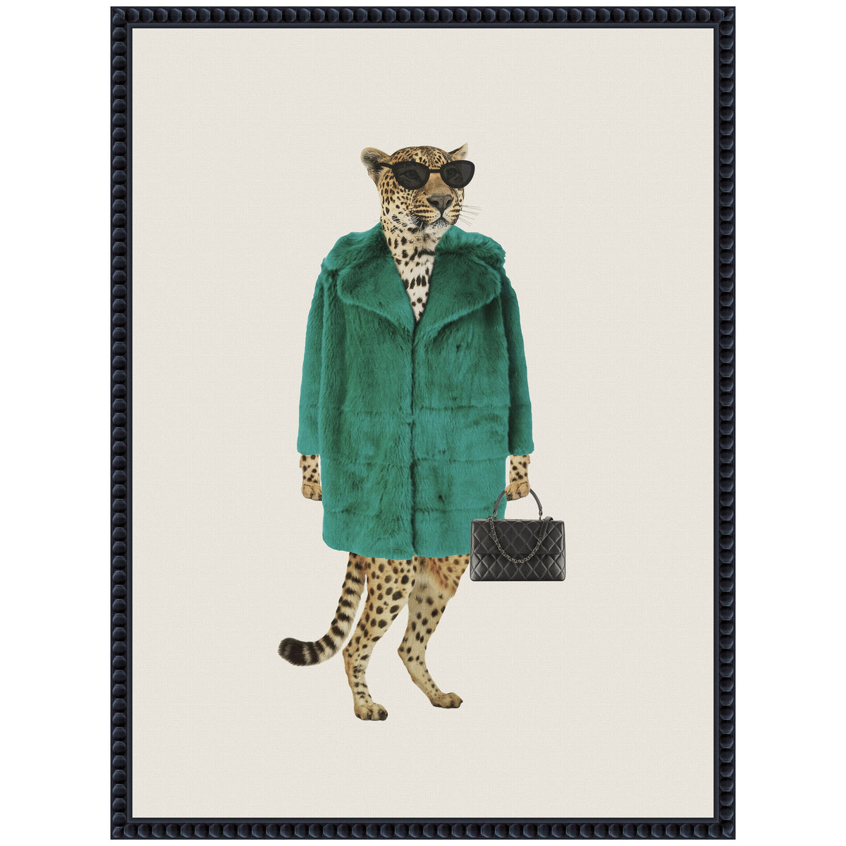 Stylized leopard standing upright wearing a teal faux fur coat, black sunglasses, and holding a black quilted handbag, set against a plain beige background.